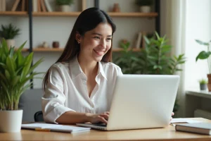 Femme souriante au bureau à domicile en tenue décontractée