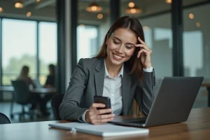 Femme d'affaires regardant son smartphone au bureau
