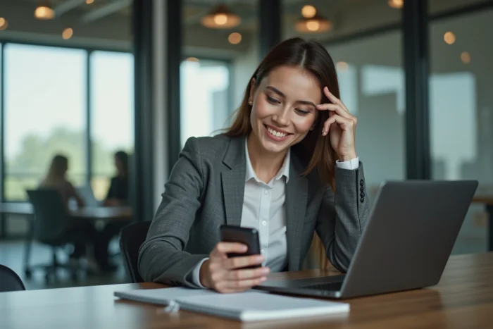 Femme d'affaires regardant son smartphone au bureau