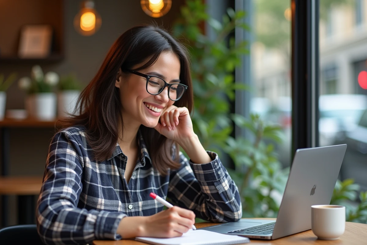 Femme prenant des notes avec son ordinateur Linux dans un café