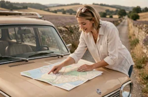 Femme consultant une carte routière papier sur le capot d'une voiture lors d'un road trip en France