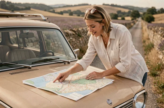 Femme consultant une carte routière papier sur le capot d'une voiture lors d'un road trip en France