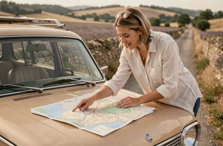 Femme consultant une carte routière papier sur le capot d'une voiture lors d'un road trip en France