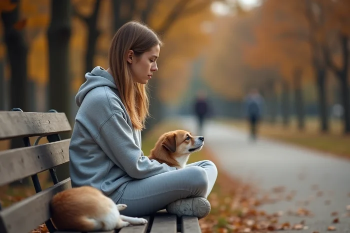 Femme assise sur un banc de parc avec son chien apathique tourné de côté, illustrant les signes comportementaux de la dysthymie canine
