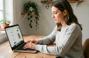 Femme appliquant un code promo sur un site e-commerce depuis son bureau à domicile