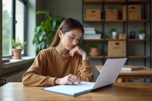 Femme en train de lire un contrat de location dans un appartement