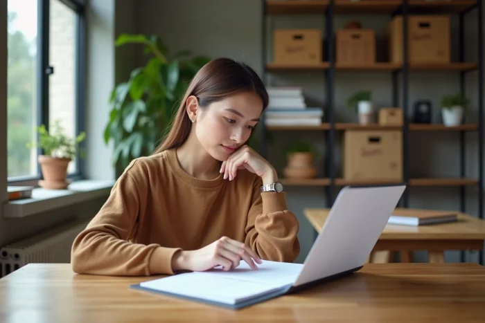 Femme en train de lire un contrat de location dans un appartement