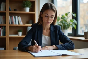 Femme en blazer marine relisant un contrat de location immobilière à son bureau à domicile