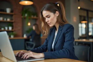 Femme entrepreneureure analysant des ressources en ligne pour la croissance de son entreprise sur un ordinateur portable dans un espace de coworking moderne