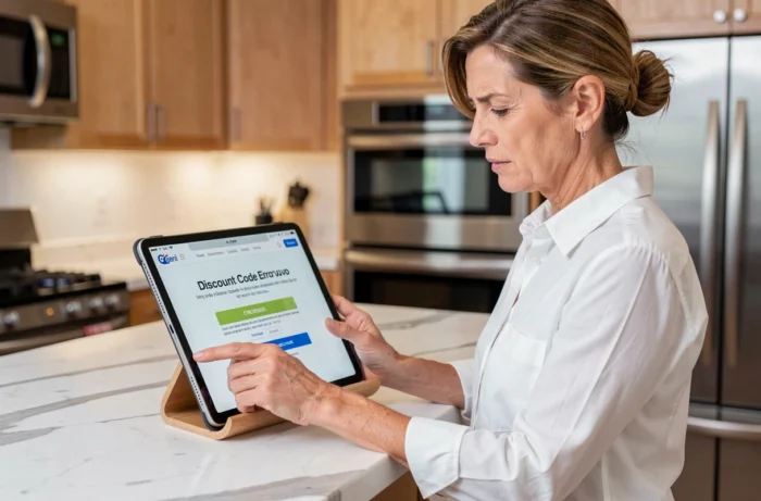 Femme consultant un message d'erreur de code promo sur tablette dans une cuisine moderne