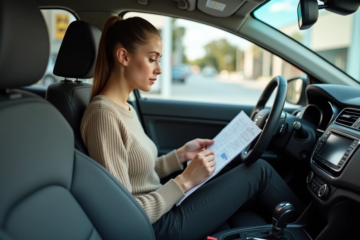 Jeune femme examinant un véhicule d