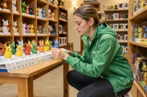 Jeune femme explorant des figurines Pokémon dont le nom commence par N dans une boutique de collection