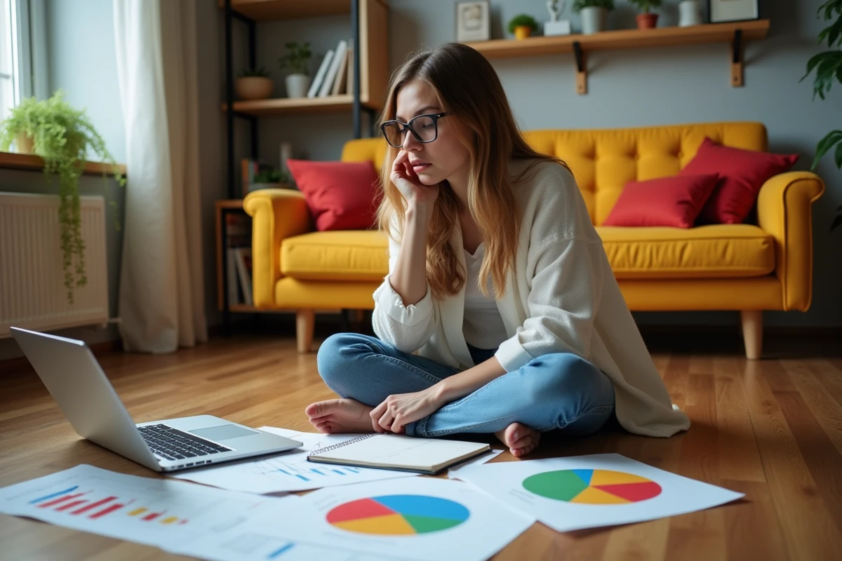 Jeune femme analysant ses investissements sur le sol