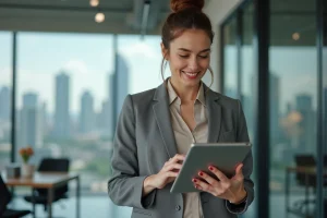 Femme professionnelle avec tablette dans un bureau moderne