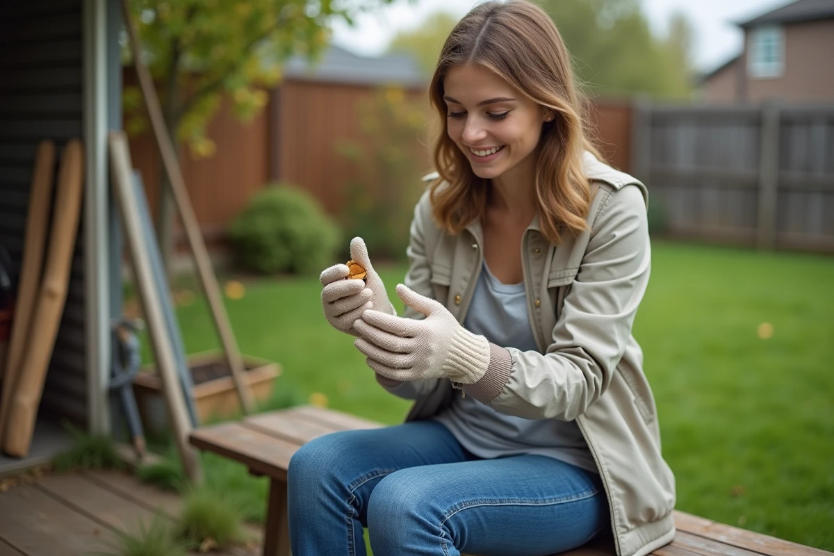 Jeune femme examinant une galle de chêne dans son jardin