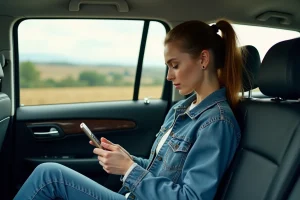 Jeune femme en voiture regardant son smartphone