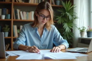 Jeune femme lisant et surlignant des papiers dans un bureau