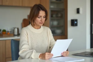 Femme lisant des documents près du système de sécurité à la maison