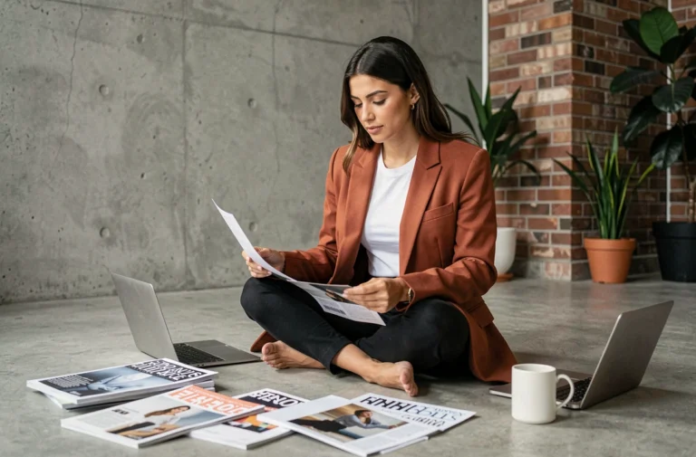 Femme moderne et confiante entourée de magazines dans un studio éditorial, illustrant le renouveau du lifestyle féminin dans les médias