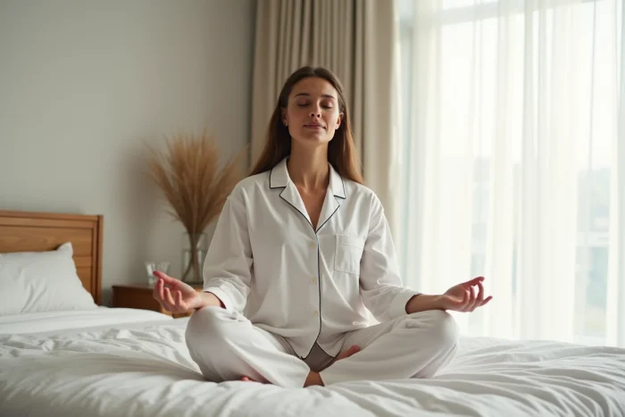 Jeune femme pratiquant la méditation matinale dans sa chambre pour prendre soin de sa santé mentale au quotidien