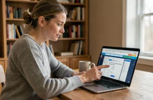 Femme naviguant sur un plan de site web depuis son bureau à domicile