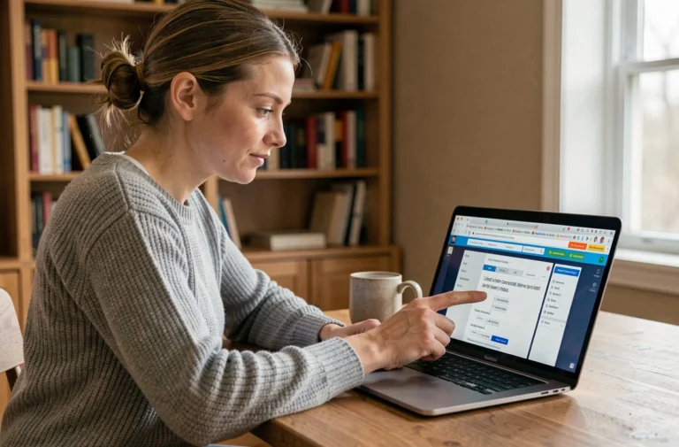 Femme naviguant sur un plan de site web depuis son bureau à domicile