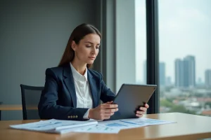 Femme professionnelle analysant des graphiques financiers sur tablette dans un bureau moderne et lumineux