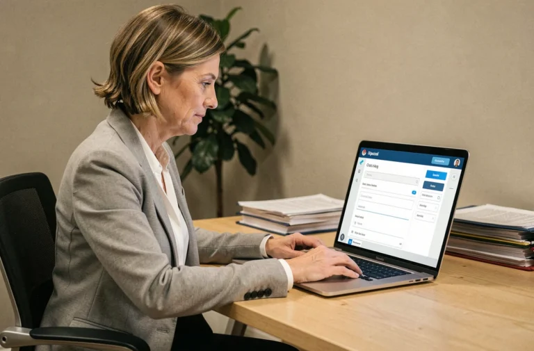 Femme professionnelle consultant la plateforme Adivak sur un ordinateur portable dans un bureau moderne