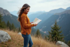 Jeune femme en randonnée avec carte dans un paysage montagneux