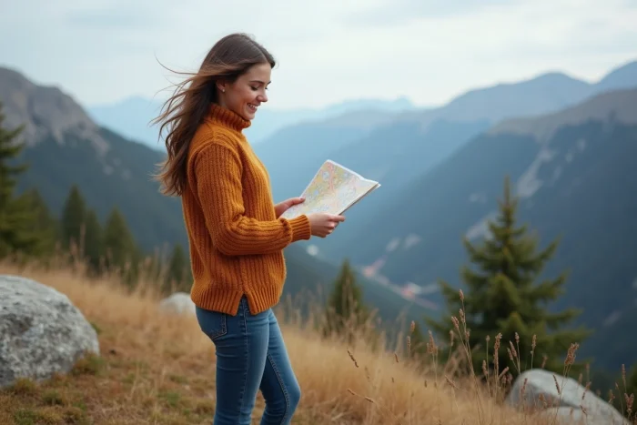 Jeune femme en randonnée avec carte dans un paysage montagneux