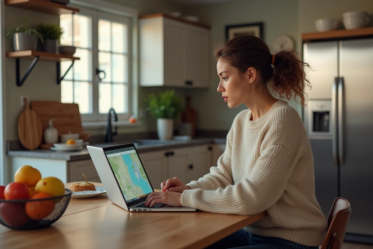 Jeune femme recherchant des mises à jour GPS dans sa cuisine