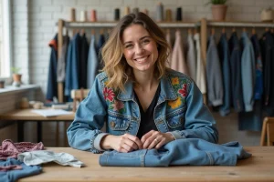 Femme souriante cousant un vêtement recyclé dans son atelier