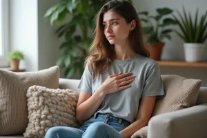 Jeune femme pensant dans un salon cosy