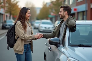 Jeune femme donnant un billet à un conducteur souriant