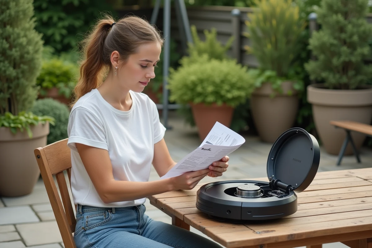 Femme vérifie la batterie de sa tondeuse robot dans le jardin