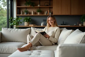 Femme détendue lisant dans un salon moderne et cosy