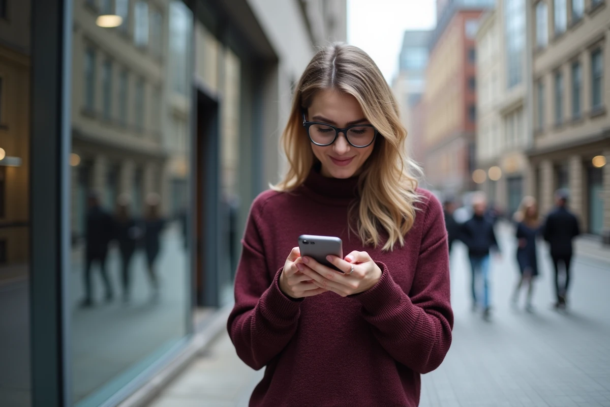Femme lisant son smartphone devant un bâtiment urbain moderne