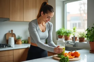 Femme préparant un smoothie de légumes frais dans une cuisine moderne pour prendre soin de sa santé au quotidien
