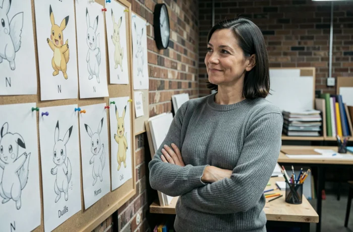 Femme devant un tableau de recherche illustrant les personnages Pokémon dont le nom commence par N