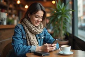 Jeune femme utilisant son smartphone au café