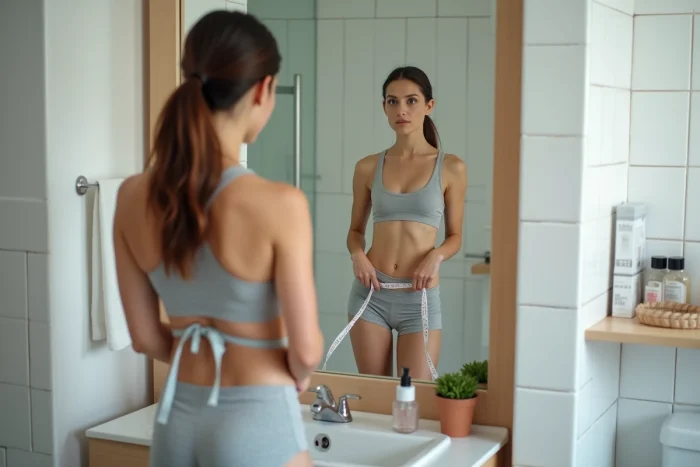 Femme mesurant son tour de taille avec un ruban dans la salle de bain face au miroir