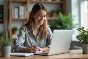 Femme concentrée en formation en ligne dans un bureau moderne