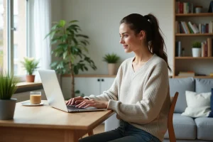 Femme assise à un bureau lumineux en train de travailler sur son ordinateur