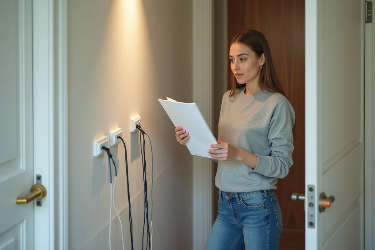 Jeune femme inspectant des câbles R2V dans un intérieur domestique