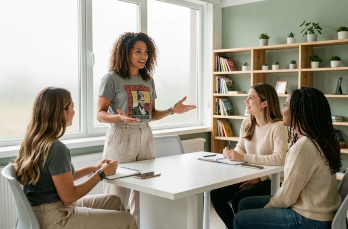 Groupe de femmes diversifiées en discussion dans un espace de coworking moderne, symbolisant les nouveaux codes du média féminin contemporain