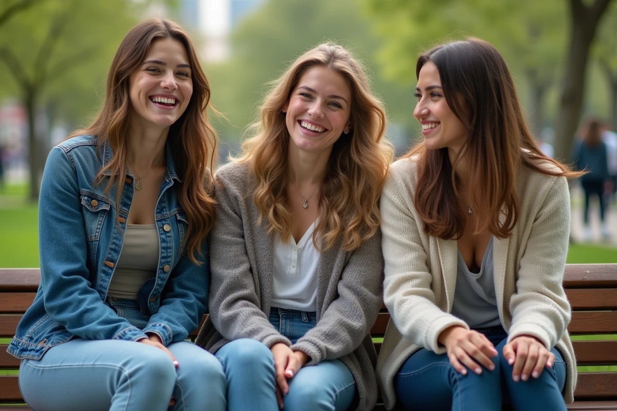 Groupe de jeunes femmes assises sur un banc dans un parc
