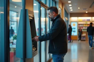 Homme retirant de l'argent à un distributeur dans un magasin moderne