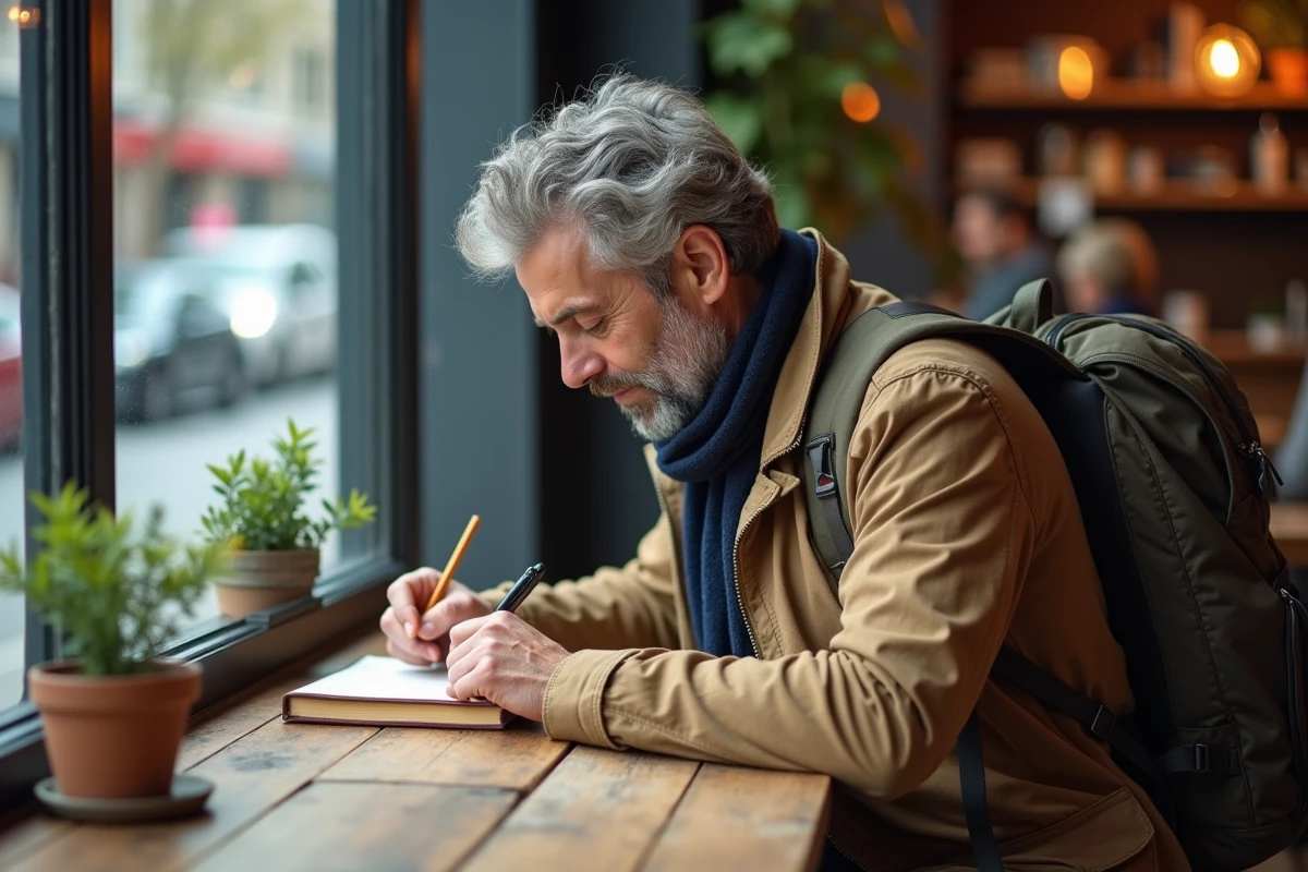 Homme écrivant dans un journal dans un café urbain