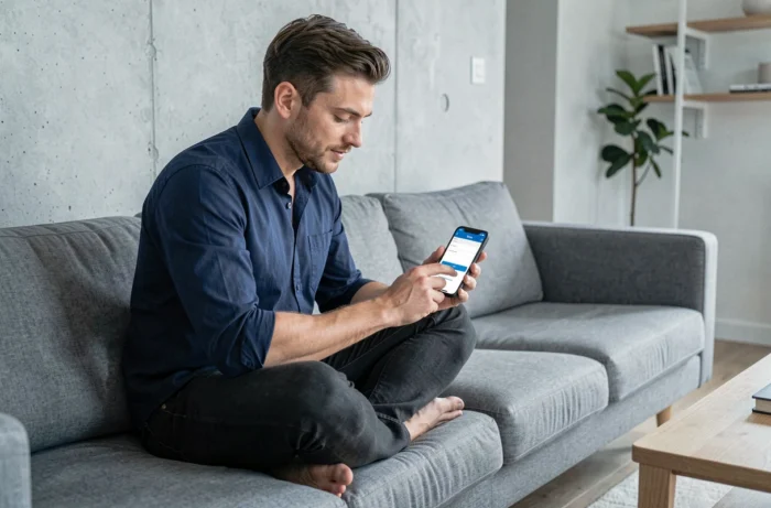 Homme saisissant un code promotionnel sur smartphone lors d'un achat en ligne depuis son salon