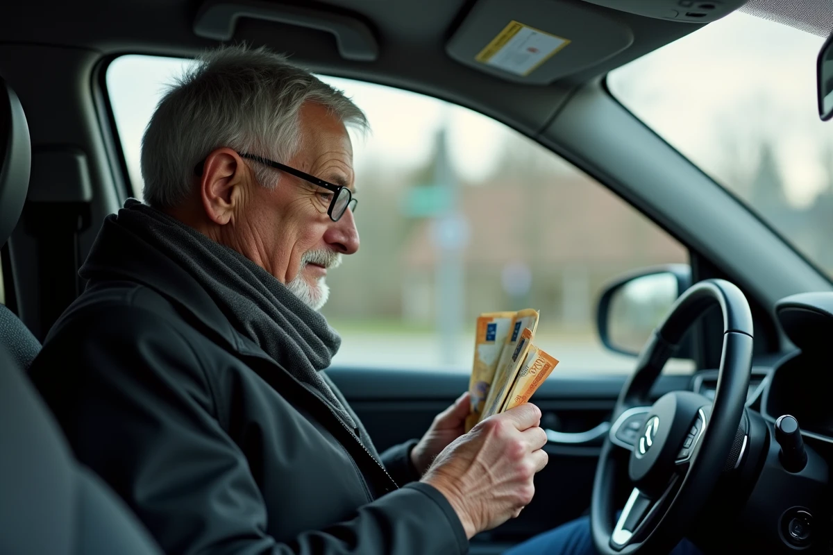 Homme âgé comptant des billets dans une voiture moderne